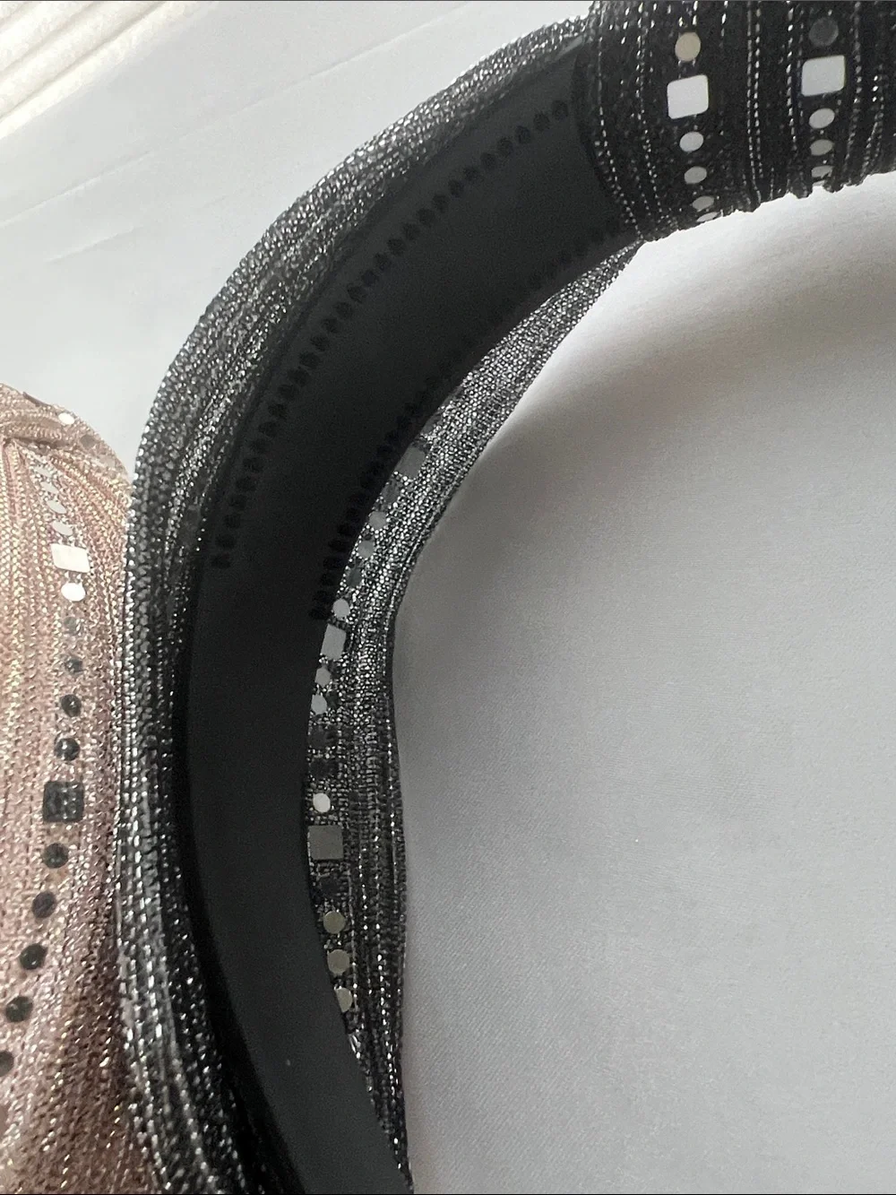 Shimmering Sequin and Bead Accent  Knotted Headband - Black and Tan set of 2